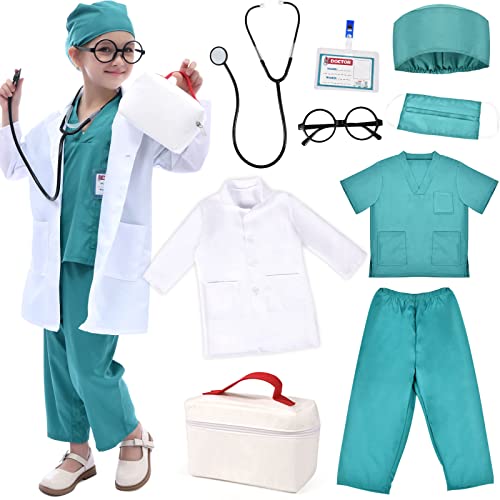 Arztkoffer Kinder Kostüm Arzt Kinder Arztkittel Kinder Verkleidungskiste mit Doktor Rollenspiel Zubehör Fasching Halloween Geschenke für Jungen Mädchen 3 4 5 6 7 8 9 10 Jahre (blau, 120) von Tacobear