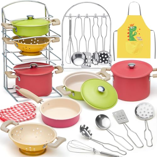 Tacobear Kinderküche Zubehör Kochset Topf Pfanne Edelstahl Kochgeschirr Set mit Schürze Handschuh Spielküche Küchenzubehör Rollenspiel Spielzeug ab 3 Jahre Mädchen Junge Geschenk von Tacobear