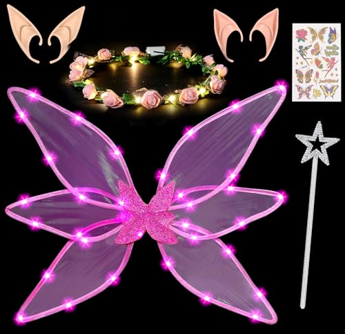 Tacobear Feenflügel Leuchtende Schmetterlingsflügel Kinder mit LED Blumenkranz Haarreif Elfenöhren Tattoos Zauberstab Fee Flügel Faschingskostüm Mädchen Halloween Karneval Kostüm (Rosa) von Tacobear