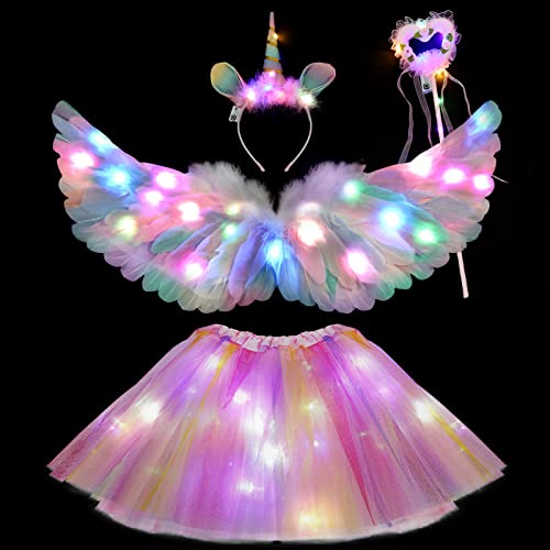 Tacobear Leuchtend Einhorn Kostüm Kinder mit 60cm Bunt Federflügel Engelsflügel, Haarreif Zauberstab LED Tutu Tüllrock Mädchen für Halloween Karneval Cosplay Geburtstag Party Fasching von Tacobear