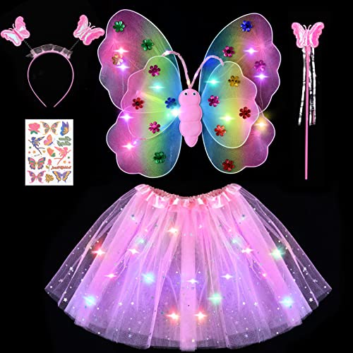 Tacobear Leuchtend Feenkostüm Feenflügel Schmetterlingsflügel mit Haarreif Zauberstab Fee Tattoos LED Tutu Tüllrock Mädchen Kinder Halloween Karneval Feen Geburtstag Party Fasching Kostüm (Rosa) von Tacobear