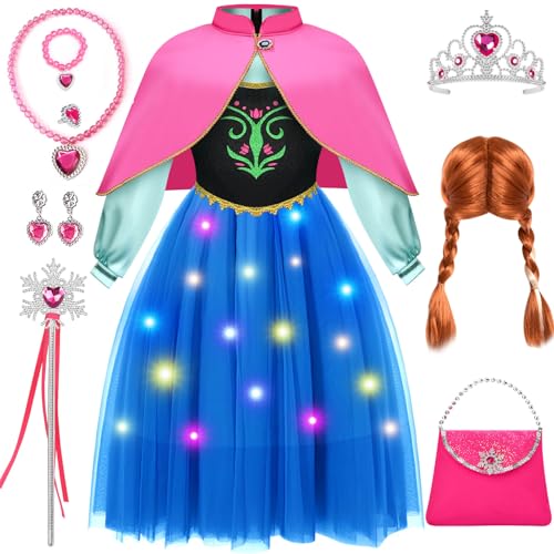 Tacobear Leuchtend Anna Kostüm Mädchen LED Prinzessin Kleid mit Umhang Anna Perücke Handtasche Krone Zauberstab Eiskönigin Verkleidung Weihnachten Halloween Karneval Kostüm für Kinder (120, 4-5 Jahre) von Tacobear