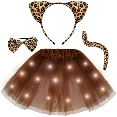 Tacobear Leuchtendes Tierkostüm Kinder Mädchen mit LED Tutu Rock Haarreif Fliege Tiere Schwanz Leopard Tiger Schwein Kostüm für Cosplay Halloween Party Karneval (Leopard) von Tacobear