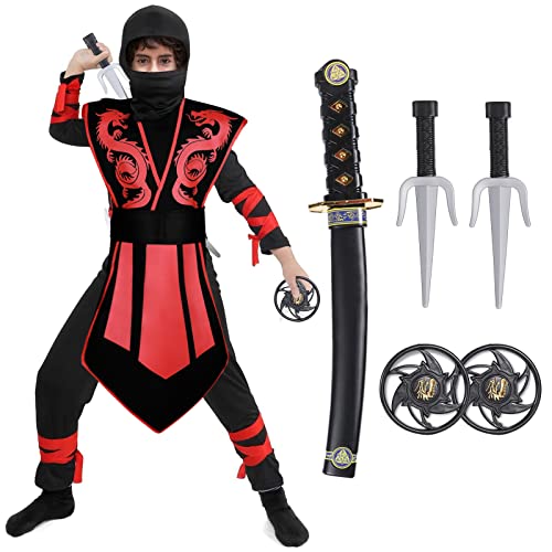 Tacobear Ninja Kostüm Anzug Halloween Kostüm Jungen Ninja Kostüm Kinder Rot Schwarz Halloween Karneval Verkleidung Fasching Kostüm Für Kindern 3-12 Jahre (8-10 Jahre) von Tacobear