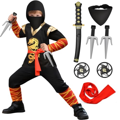 Tacobear Ninja Kostüm Kinder mit Ninja Spielzeug Zubehör Kinderkostüm Set Halloween Kostüm Karneval Fasching Weihnachten Verkleidung für Jungen Mädchen (150, 9-10 Jahre) von Tacobear