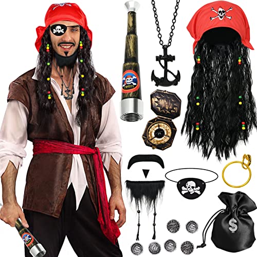 Tacobear Piraten Kostüm Zubehör Erwachsene mit Piraten Perücke Herren Piraten Schmuck Augenklappe Piraten Accessoires Erwachsene Piratenkostüm Herren für Halloween Fasching Karneval von Tacobear