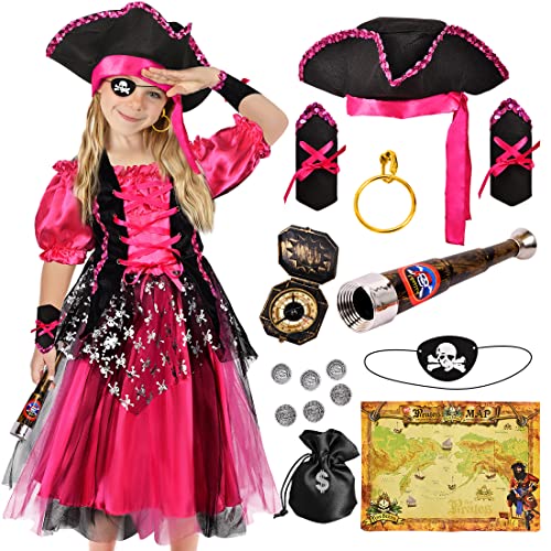 Tacobear Piratenkostüm Kinder Deluxe Piraten Kleid Mädchen mit Piraten Zubehör Hut Kompass Teleskop Pirat Karneval Fasching Halloween Schatzsuche Kostüm für Kinder Mädchen 3-10 Jahre(3-4 Jahre) von Tacobear