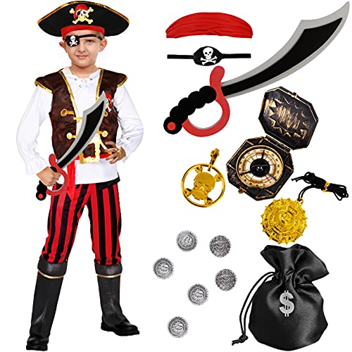 Tacobear Piratenkostüm Kinder Jungen mit Piraten Zubehör Set Piraten Hut Augenklappe Kompass Geldbeutel Ohrring Pirat Kapitän Karneval Kostüm für Kinder Jungen 4 5 6 7 8 9 10 Ans (L, 142-147) von Tacobear