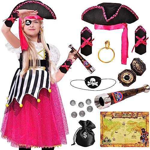 Tacobear Piratenkostüm Kinder Mädchen Mit Piraten Zubehör - Piratenkleid, Hut, Ohrringe, Teleskop, Karte, Augenbinde für Karneval, Halloween, Fasching - 3-10 Jahre von Tacobear