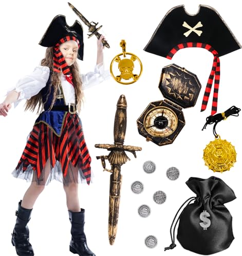 Tacobear Piratenkostüm Kinder Mädchen mit Piraten Zubehör Piraten Kleid Hut Kompass Geldbeutel Ohrring Pirat Karneval Fasching Kostüm für Kinder Mädchen 4 5 6 7 8 9 10 Jahre (4-6 Jahre) von Tacobear