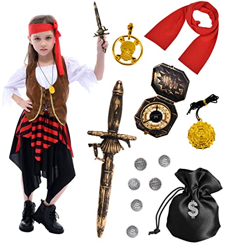 Tacobear Piratenkostüm Kinder Mädchen mit Piraten Zubehör Halloween Kostüm Kinder Mädchen Piraten Kleid Stirnband Kompass Geldbeutel Ohrring Pirat Karneval Fasching Kostüm für Kinder Mädchen von Tacobear