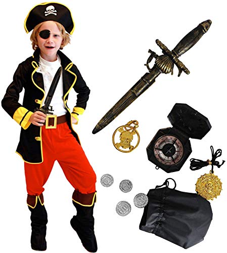 Tacobear Piratenkostüm Kinder mit Piraten Zubehöre Piraten Augenklappe Kompass Geldbeutel Ohrring Gold medasie Kinder Piraten Fancy Dress Halloween Karneval Kostüm für Kinder Jungen von Tacobear