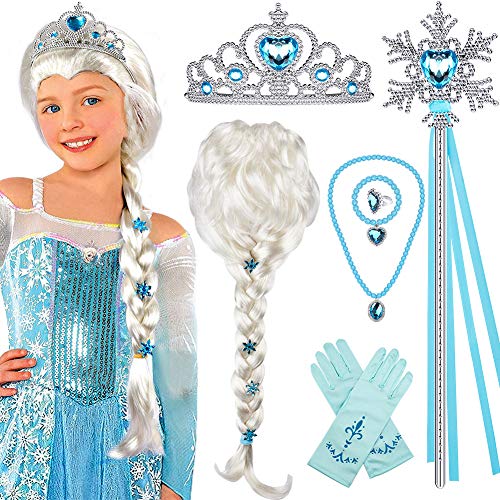 Tacobear Prinzessin ELSA Kostüm Zubehör Set ELSA Perücke Zopf Prinzessin Krone Zauberstab Handschuhe Halskette Armband Prinzessin Frozen Schmuck für Kinder Mädchen Karneval Halloween von Tacobear