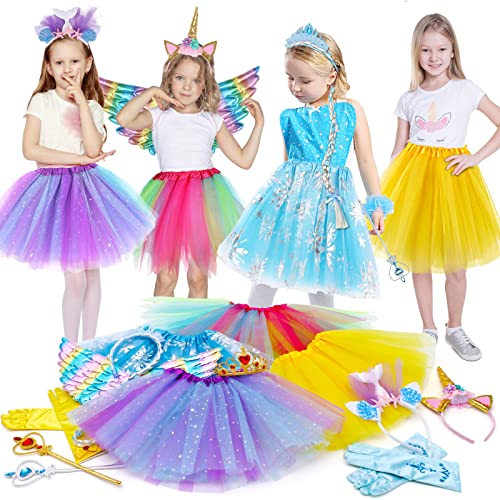 Tacobear Prinzessin Kleid Tüllrock für Mädchen mit Einhorn Haarreif Meerjungfrau Stirnband Flügel Zauberstab Elsa Perücke Zopf Prinzessin Tutu Karneval Geburtstag Party Kostüm Set für Kinder von Tacobear