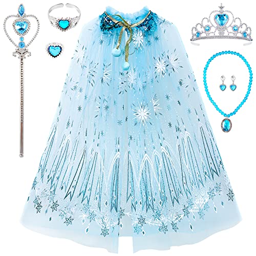 Tacobear Umhang Kinder Schneeflocke Elsa Kostüm Mädchen mit Prinzessin Krone Tiara Zauberstab Schmuck Halloween Kostüm Karneval Fasching Cosplay Prinzessin Party Geschenke von Tacobear