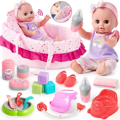 Tacobear Puppenzubehör Baby Puppe mit Zubehör Puppenbett Puppentrage Schnuller Töpfchen Flasche 30cm 12 Töne Puppenset Kinder Spielzeug Weihnachten Geburtstag Geschenk für Mädchen 3 4 5 6 Jahre von Tacobear