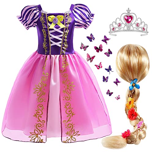 Tacobear Rapunzel Kostüm Kinder Prinzessin Kleid Mädchen Prinzessin Kostüm mit Rapunzel Kleid Prinzessin Perücke Krone Verkleidung für Geburtstag Party Weihnachten Halloween Karneval (110) von Tacobear