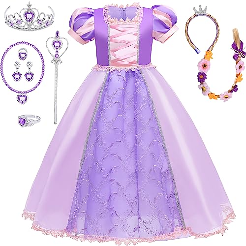 Tacobear Rapunzel Kostüm Kinder Rapunzel Kleid Mädchen mit Rapunzel Perücke Prinzessin Krone Zauberstab Ring Ohrringe Zubehör Prinzessin Kleid Mädchen für Karneval Geburtstag Mädchen2 3 4 5 6 7 Jahre von Tacobear