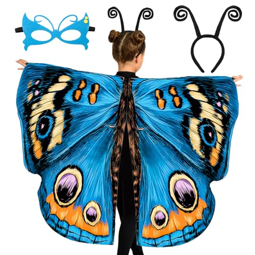 Tacobear Schmetterling Kostüm Kinder Schmetterlingsflügel für Mädchen mit Stirnband Maske Schmetterling Umhang Flügel für Cosplay Mottoparty Karneval Fasching (Blau) von Tacobear