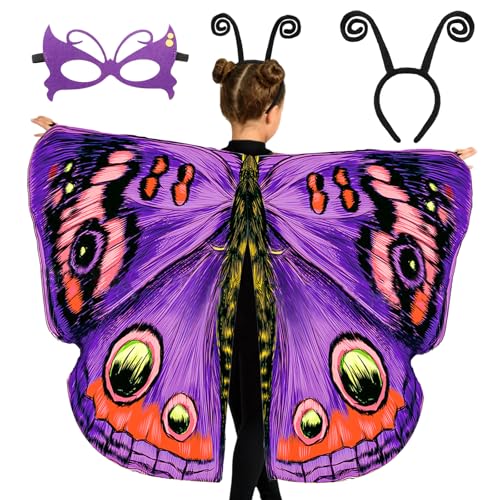 Tacobear Schmetterling Kostüm Kinder Schmetterlingsflügel für Mädchen mit Stirnband Maske Schmetterling Umhang Flügel für Cosplay Mottoparty Karneval Fasching (Lila) von Tacobear