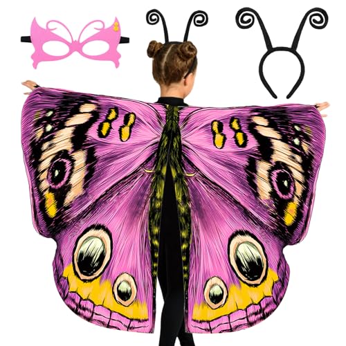 Tacobear Schmetterling Kostüm Kinder Schmetterlingsflügel für Mädchen mit Stirnband Maske Schmetterling Umhang Flügel für Cosplay Mottoparty Karneval Fasching (Rosa) von Tacobear
