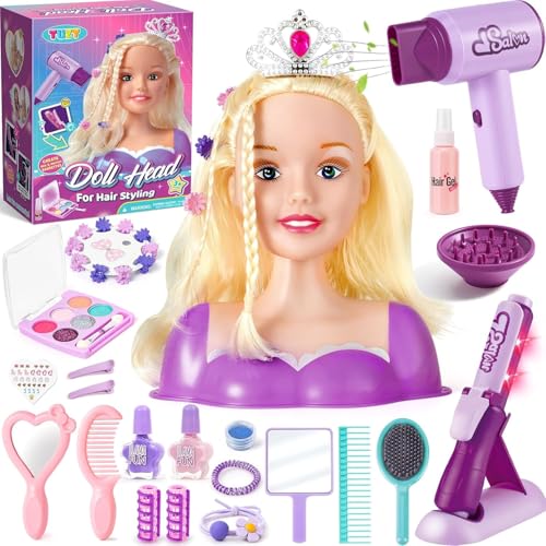 Tacobear Schminkpuppe Frisierkopf Kinder Friseur Set mit Haartrockner Haarglätter Schmink Frisierkopf Spielzeug Stylingkopf Hairdressing Kinderschminke Spielzeug Geschenk für Mädchen ab 3 4 5 6 Jahre von Tacobear