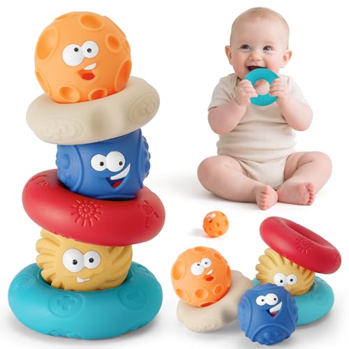 Tacobear Stapelspielzeug mit Ringen Stapelturm Babyspielzeug Stapelspiel Squeeze Zahnen Früherziehung Spielzeug Geschenk für 6 12 18 Monate Baby Jungen Mädchen von Tacobear