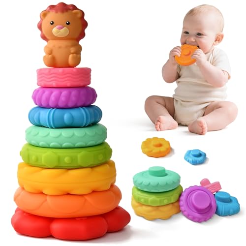Tacobear Stapelspielzeug mit Ringen Stapelturm Babyspielzeug Stapelspiel mit Löwefigur Squeeze Zahnen Früherziehung Spielzeug Geschenk für 6 12 18 Monate Baby Jungen Mädchen (Regenbogen) von Tacobear