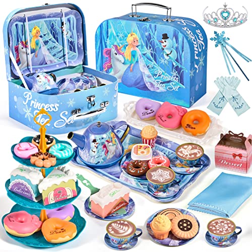 Frozen Tee Set Kinder Teeservice mit Dessert Spielzeug Tragekoffer Eiskönigin Spielzeug Tin Teekanne Party Set Kindergeschirr Spielküche Rollenspiele Geschenk für Mädchen 3 4 5 6 7 Jahren von Tacobear