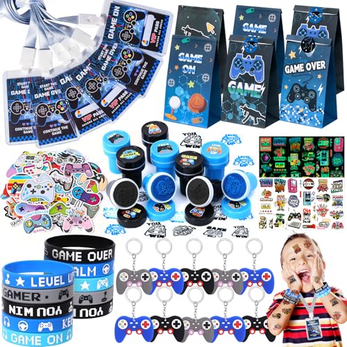 Videospiel Party Mitgebsel Kindergeburtstag 5 6 7 8 9 10 Jahre Gastgeschenke mit Silikon Armband Geschenktüten Stempel Video Gamer Schlüsselanhänger VIP Pass Pinata Füllung Give Aways Kinder Jungen von Tacobear