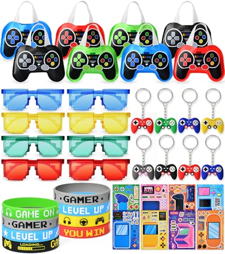 Videospiel Party Mitgebsel Kindergeburtstag, Videospiel Controller Vliesstoff Tasche Brillen Schlüsselanhänger Silikonarmband Aufkleber, Gamer Give Aways Gastgeschenke Kinder für Jungen von Tacobear
