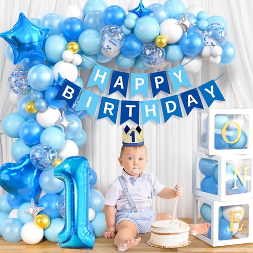 Tacobear Deko 1. Geburtstag Junge Geburtstagsdeko 1 Jahr mit Geburtstagskrone 1. Geburtstag Luftballons Girlande Blau Ballonbox, Party Dekoration Baby Shower Erster Kindergeburtstag Babyparty Deko von Tacobear