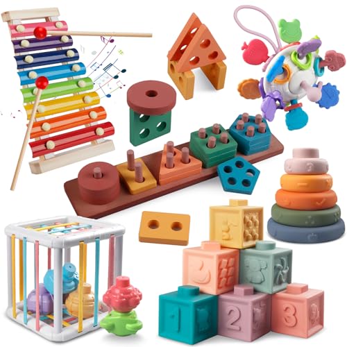 Montessori Spielzeug ab 1 Jahr, Sensorisches Baby Spielzeug, 6 in 1 Motorikspielzeug Holzspielzeug Kleinkind-Musikinstrumente, Stapelspielzeug Blöcken und Ringen, Geschenk für Kinder 1-3 Jahren von Tacopet