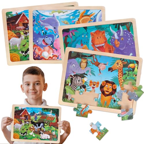 Puzzle ab 3 4 5 6 Jahre, 4 * 24 Stück Holzpuzzles Spielzeug für Jungen Mädchen, Holz Puzzle Kinder Dinosaurier Bauernhof Tiere Meereswelt, Montessori Kinderspielzeug für Ostern Geschenk von Tacopet