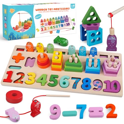 Montessori Spielzeug ab 1 Jahr, Holzspielzeug & Stapelspielzeug & Angelspiel, Baby Spielzeug Kinderspielzeug, Fische Angeln Spiel, Farbe Erkennung Form Sorter Nummer Motorikspielzeug ab 2 3 Jahr von Tacopet