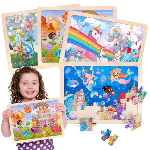 Tacopet Puzzle für Kinder ab 3 4 5 6 Jahre, Kinderpuzzle Einhorn Meerjungfrau Prinzessin Fee, 4 Holz Puzzles *24 Stück Holzpuzzle, Vorschule Lehrreiches Spielzeug, Geschenke für Kinder Mädchen ab 3 von Tacopet