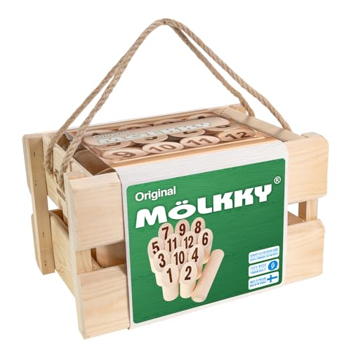 Mölkky Original - Birkenholz 12 Skittles,1 Stock - Wurfspiele für Draußen, Garten, Picknick, Strand, Freizeit, Party Spiel für Familie, Gruppen, 2+ Spieler, ab 6 Jahren von Mölkky