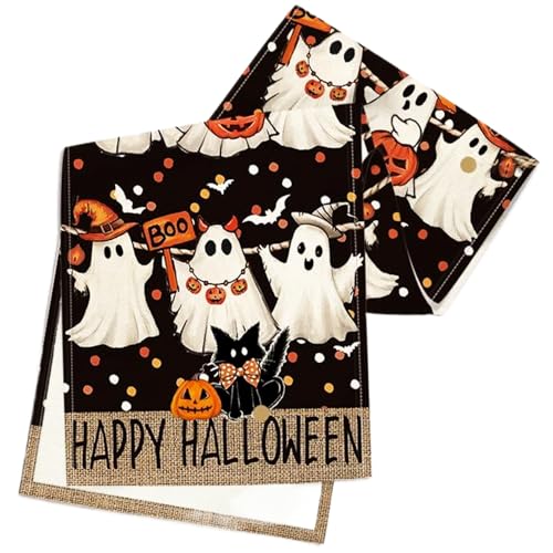 Halloween-Dekor, Halloween Tischläufer 13x72 Tischdekor mit Ghost Jack-O'-Lantern Black Cat Print, wasserdicht und hitzebeständiger Läufer für die Küche Essdekoration Halloween-Dekor, Halloween Tischläufer 13x72 Tischdekor mit Ghost Jack-O'-Lantern Black Cat Print, wasserdicht und hitzebeständiger Läufer für die Küche Essdekoration von Tadoiooy