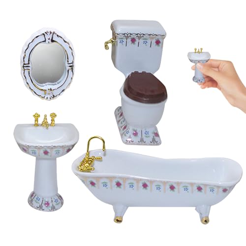 Tadoiooy Dollhouse Möbel, Dollhouse Badezimmerset, enthalten Toilettenbadeweicher Becken Spiegel 1:12 Puppenhausmöbel Spielzeug mit Blumenmuster für Puppenhauszubehör von Tadoiooy