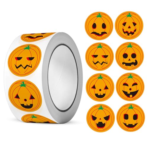 Tadoiooy Kürbisaufkleber 1 Roll (500pcs) 8 Ausdrücke Aufkleber Aufkleber Roll Entzückende Halloween - für Süßigkeitengeschenke, Kindertag, Kürbisparty, Halloween -Partydekorationen, Wohnkultur von Tadoiooy