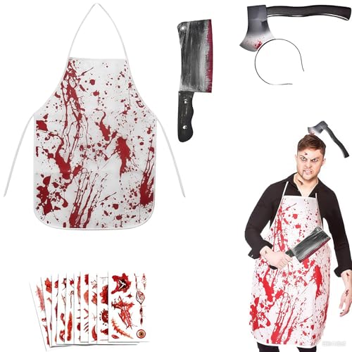Tadpolez Metzgerkostüm,Blutige Schürze mit Messer & Zombie-Narben Set, Halloween Verkleidung als Schlachter für Horror-Party und Karneva von Tadpolez