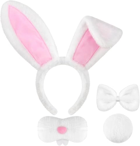 Taeyue 4Pcs Osterhase Kostüm Requisiten Set, Plüsch Kaninchen Ohren Stirnband, Bogen, Nase, Schwanz, Halloween Karneval Outfits Anzug Kostüm Zubehör Damen von Taeyue