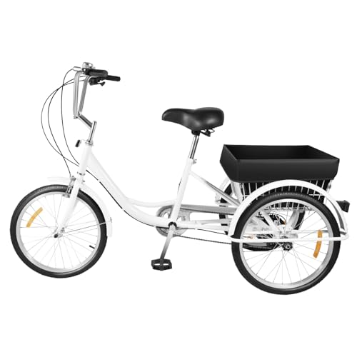 20 Zoll 3 Rad Dreirad, 8 Speed 3 Rad Cityräder Fahrrad mit Korb, HöHenverstellbar Bike Bicycle für Männer, Frauen und Menschen, Weiß von Tagowao