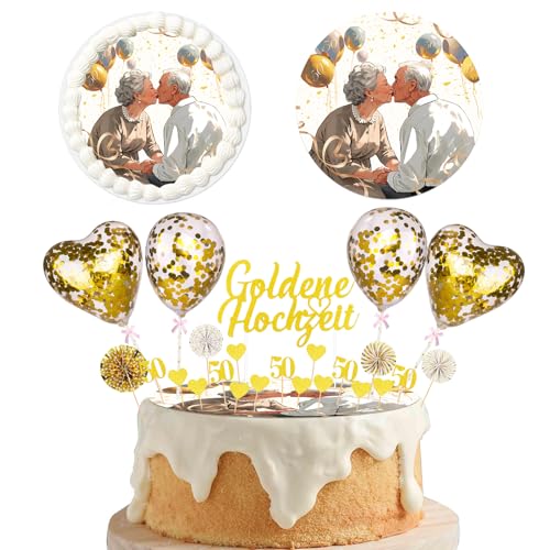 25 Stück Tortendeko Goldene Hochzeit,mit Essbar Tortenaufleger,Goldene Luftballons,Cake Topper Hochzeit,50 Jahre Hochzeitstag Geschenk von TaimeiMao