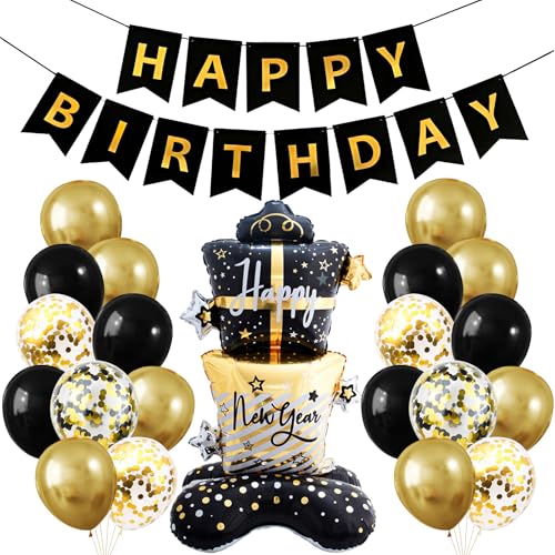 32 Stück Schwarz Gold Geburtstagsdeko Set, Luftballons Schwarz Gold, mit Stehend Folienballons Geburtstag und Gold Konfetti Ballons, Deko Schwarz GoLd, Party Deko Geburtstag von TaimeiMao