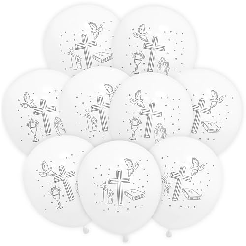 50 Stück Kommunion Luftballons Set,Konfirmation Luftballon 12in,Kommunion Deko Ballons mit Tauben Kerzen Kreuzen Biblischen Motiven,Weiß Luftballons für Taufe Deko für Mädchen Junge von TaimeiMao