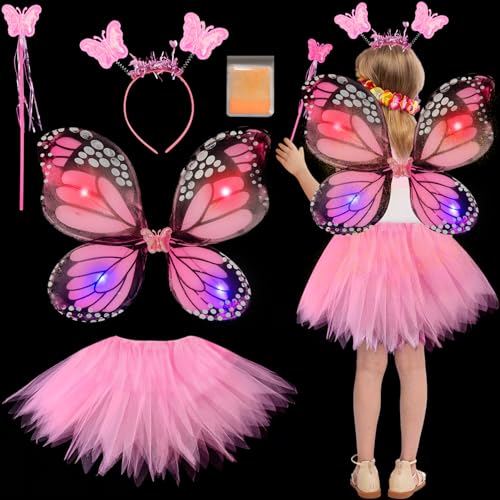 TaimeiMao 5er Set Feen Schmetterling Kostüm Kinder Mädchen,Fancy Dress Up Schmetterling Kostüm Set,mit LED Flügel,Tutu Rock,Zauberstab,Haarreifen,Fee Prinzessin Kostüm Set,Halloween Karneval (Rosa) TaimeiMao 5er Set Feen Schmetterling Kostüm Kinder Mädchen,Fancy Dress Up Schmetterling Kostüm Set,mit LED Flügel,Tutu Rock,Zauberstab,Haarreifen,Fee Prinzessin Kostüm Set,Halloween Karneval (Rosa) von TaimeiMao