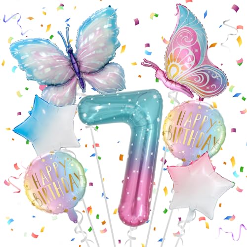 7 Jahre Schmetterling Geburtstag Deko, Schmetterling Folienballon 7 Jahre, Bunt Schmetterlinge Geburtstagsdeko, Geburtstagsdeko Rosa, für 7. Geburtstag Mädchen Deko von TaimeiMao