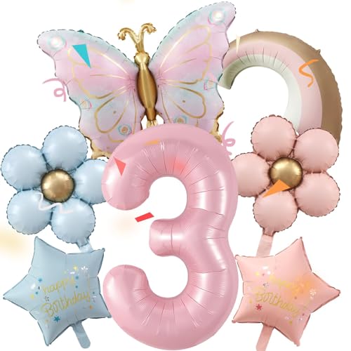 3 Jahre Schmetterling Geburtstag Deko 7 Stück, mit Luftballon Blume, Regenbogenballons, Schmetterling Folienballon 3 Jahre, SchmetterlIng Luftballon 3, Mädchen 3 JaHre von TaimeiMao