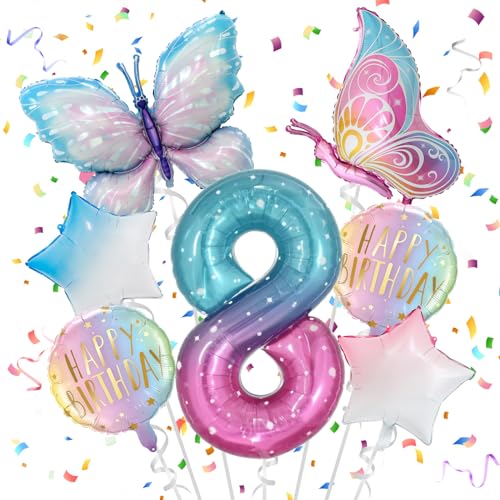 TaimeiMao 8 Jahre Schmetterling Geburtstag Deko, Schmetterling Folienballon 8 Jahre, Bunt Schmetterlinge Geburtstagsdeko, Geburtstagsdeko Rosa, für 8. Geburtstag Mädchen Deko von TaimeiMao